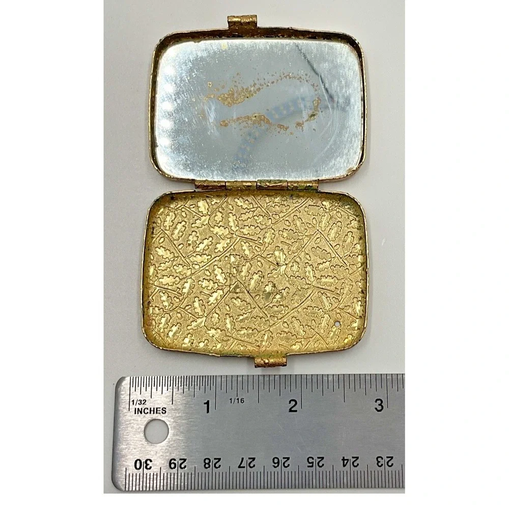 Vintage Gold Metal Trinket Box with Mirror Oak Leaf‎ Design